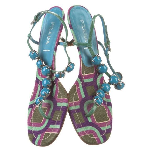 Vintage Prada Sandals T-Strap Kitten Heels Mules Jewel Accents Pattern Y2k 40 - Picture 2 of 6